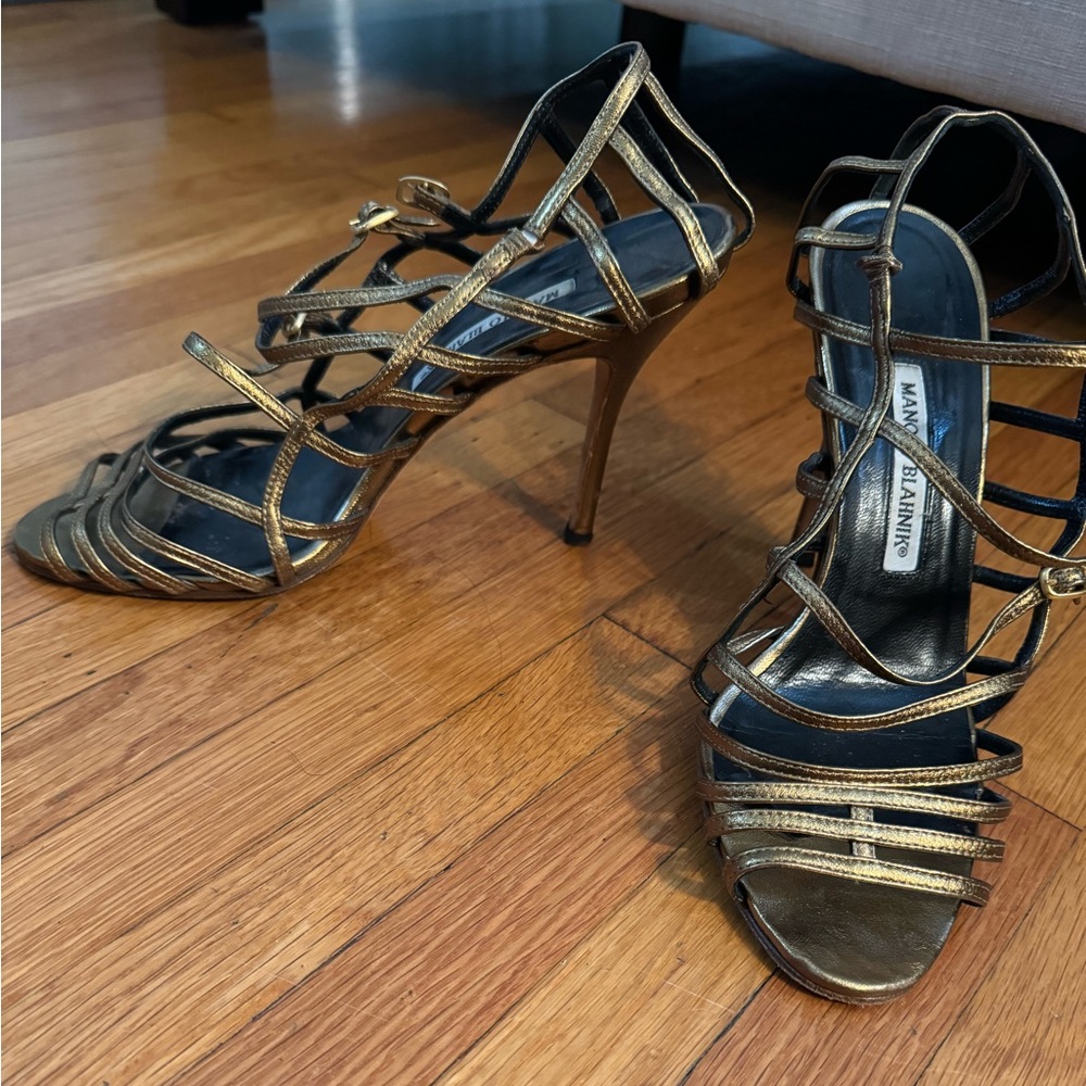 Manolos. Gold/bronzish in color. Bought at a Bergdorff sale.